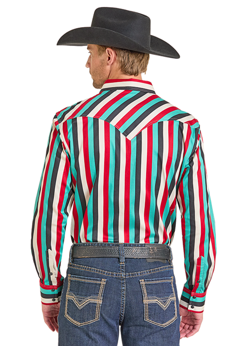 Panhandle Mens Retro Striped Snap Long Sleeve Shirt