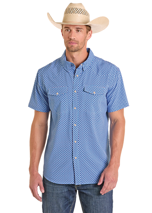 Panhandle Mens Blue Print Short Sleeve Shirt