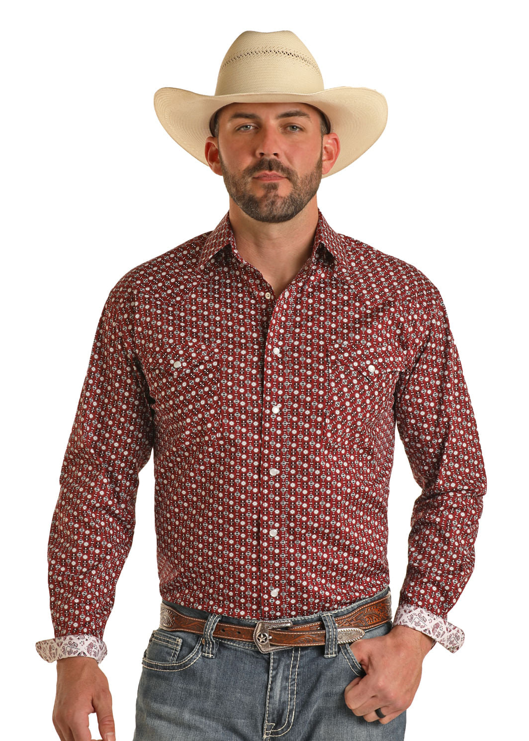 Panhandle Slim Mens Maroon Pearl Snap Long Sleeve Shirt